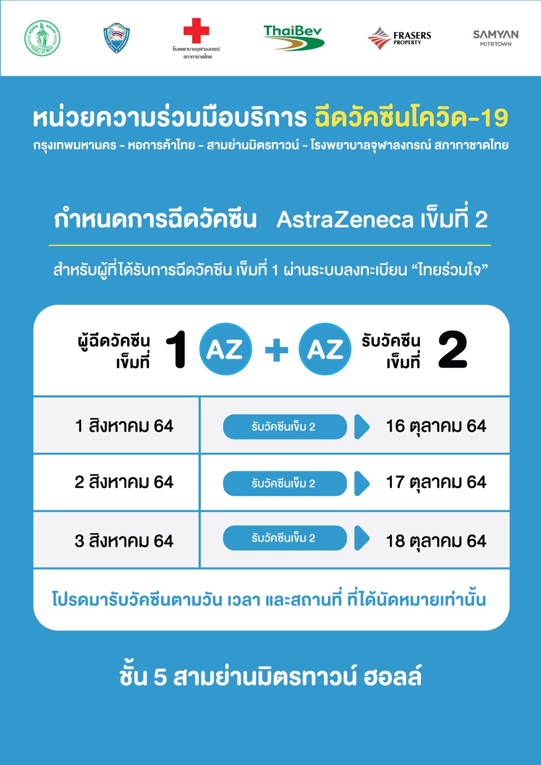 หน่วยความร่วมมือบริการ ฉีดวัคซีนโควิด-19 กรุงเทพมหานคร – หอการค้าไทย – สามย่านมิตรทาวน์ – โรงพยาบาลจุฬาลงกรณ์ สภากาชาดไทย